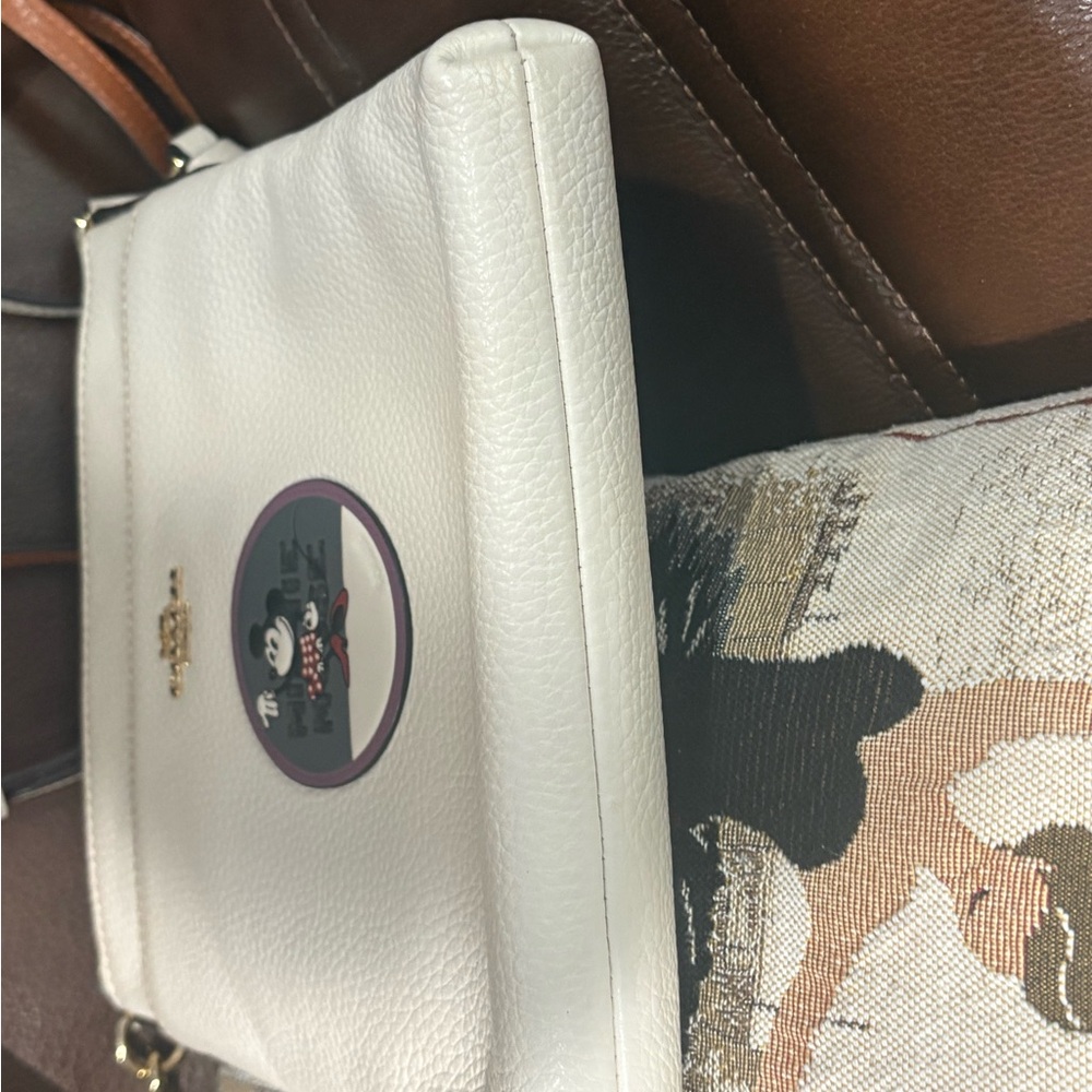 Coach White Pebbled Leather Crossbody with Brown Strap and Mickey Patch - Picture 7 of 7